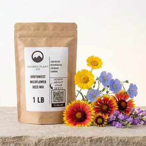 Southwest wildflower seed mix pouch with colorful wildflowers.