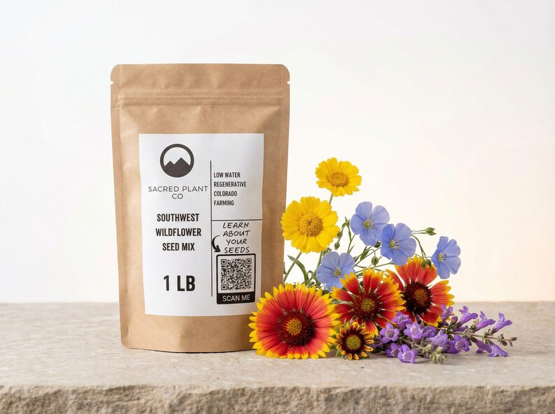 Southwest wildflower seed mix pouch with colorful wildflowers.