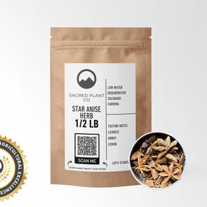 Premium 1/2 LB Star Anise Herb, whole dried spice, with displayed sample of the product, kraft resealable packaging, high-quality, ethically sourced, innovative agricultural excellence badge.