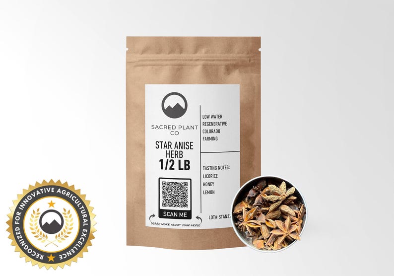 Premium 1/2 LB Star Anise Herb, whole dried spice, with displayed sample of the product, kraft resealable packaging, high-quality, ethically sourced, innovative agricultural excellence badge.
