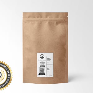 Bulk 5 LBS Chamomile Flower in a resealable eco-friendly kraft bag. Sustainably grown and hand-processed, delivering calming benefits with tasting notes of honey, oatmeal, and alfalfa.