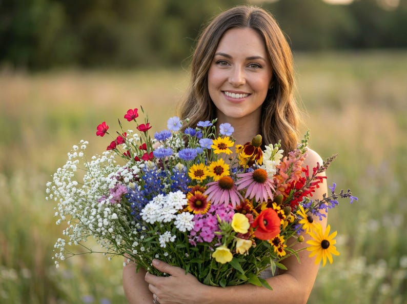 Woman holding a colorful bouquet of Southwest wildflowers including coneflower, coreopsis, flax, and poppy, standing in a sunny meadow.