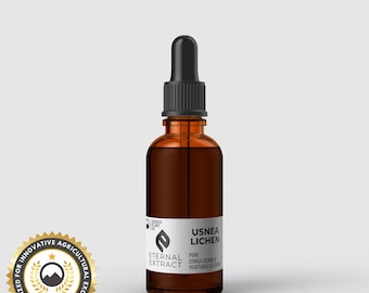 May include: A brown glass bottle with a black dropper top. The bottle is labeled "Eternal Extract" and "Usnea Lichen". The label also says "Pure Usnea Lichen & Vegetable Glycerin".