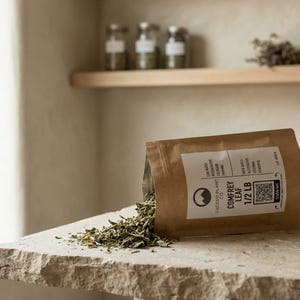 May include: A brown paper pouch labeled Sacred Plant Co. Comfrey Leaf 1/2 LB with a QR code, lying on its side with dried green leaves spilling out onto a textured stone surface. The label includes text details and a circular mountain logo icon.