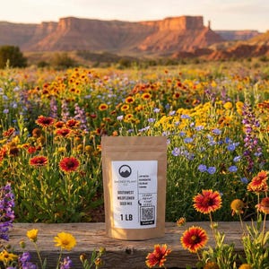 Southwest wildflower seed mix pouch in a blooming field.