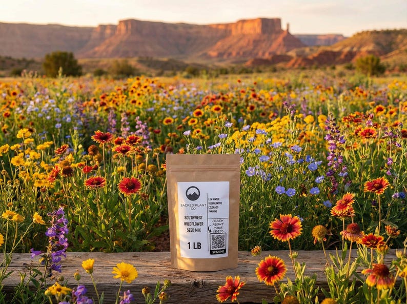 Southwest wildflower seed mix pouch in a blooming field.