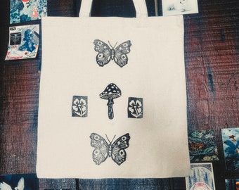 Butterfly mushroom tote | Lino print tote | block print tote | recycled tote | eco friendly tote | hand carved print | Lino cut tote |