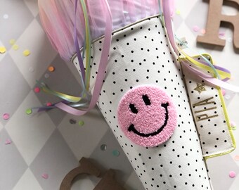 Cartable -Smiley- | Personnalisable avec le nom | smiley heureux rose | Tulle arc-en-ciel | Inscription scolaire 2024