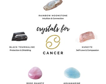 Kit di cristalli per lo zodiaco del Cancro: pietra di luna, kunzite, acquamarina, quarzo rosa