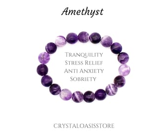 Healing Crystal Bracelet- Amethyst Bracelet- Sobriety Bracelet- Anxiety Relief - 10mm
