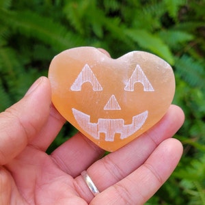 Selenite Puffed Heart - Etched Selenite - Selenite Carving - Pumpkin- Orange Selenite - Halloween Decor
