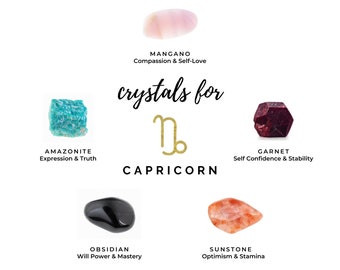 Set regalo di cristalli Capricorno: granato, pietra del sole, ossidiana, amazzonite e mangano