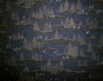 Fabric blue-gold trees and deer