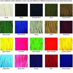 May include: A chart showing 20 different colors of paracord, with the name of each color listed below the corresponding image.