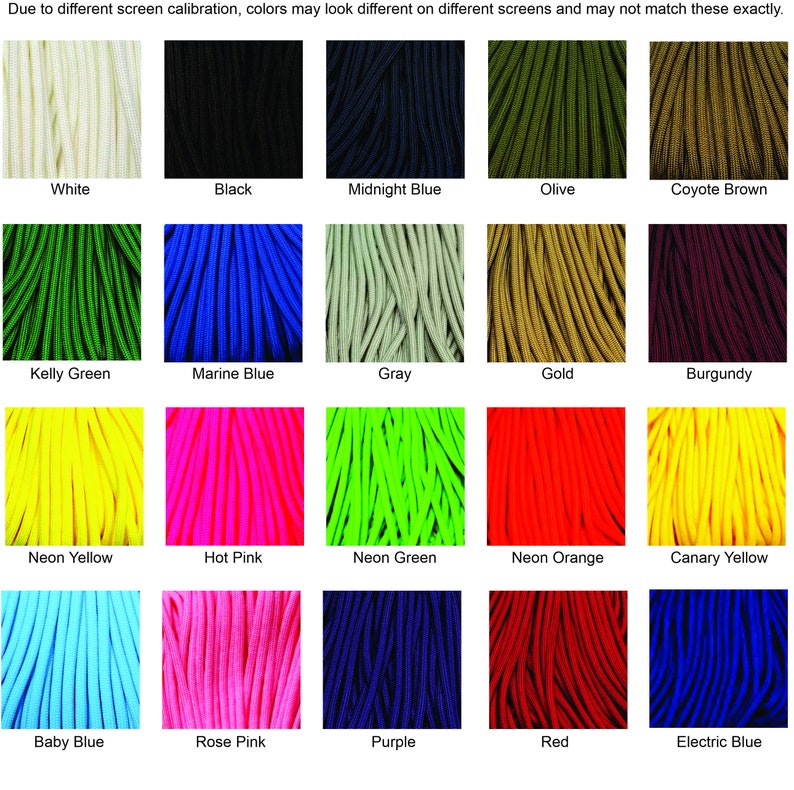 May include: A chart showing 20 different colors of paracord, with the name of each color listed below the corresponding image.