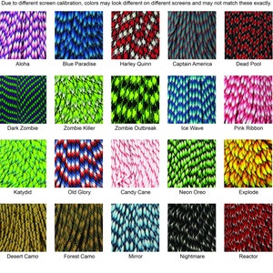 May include: A collection of 15 different paracord designs, each with a unique color combination and pattern. The designs include "Aloha", "Blue Paradise", "Harley Quinn", "Captain America", "Dead Pool", "Dark Zombie", "Zombie Killer", "Zombie Outbreak", "Ice Wave", "Pink Ribbon", "Katydid", "Old Glory", "Candy Cane", "Neon Oreo", "Explode", "Desert Camo", "Forest Camo", "Mirror", "Nightmare", and "Reactor".