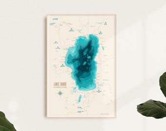 Lake Tahoe Bathymetry kaart kunstafdruk • Californië reisposter