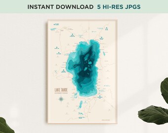 Lake Tahoe-poster • Direct downloaden • Kunstafdruk • Reiscadeau • Californië • Bathymetry-kaart • Muurkunst