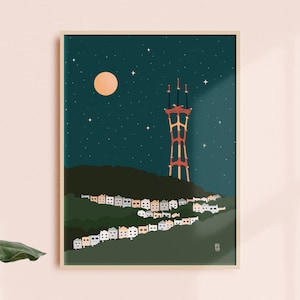 San Francisco Kunstdruck • Sutro Tower • Kalifornien • Reise • Berge • Minimalistisches Poster • Nachtszene