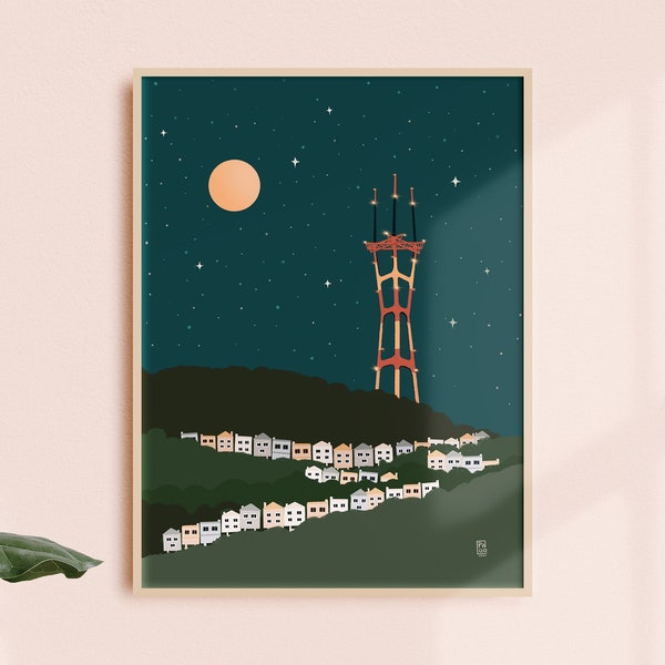 San Francisco Art Print • Sutro Tower • California • Travel • Mountains • Minimalistic Poster • Night Scene