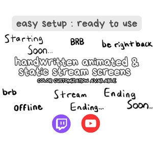Handskrivna svarta Twitch-streamskärmar, 7 animerade, enkla, statiska, transparenta: Börjar/slutar snart, brb/BRB, är strax tillbaka, offline
