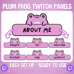 130 Simple Plum Pinkish Purple Frog Twitch Stream Panels; About Me, Donate, Rules, FAQ, Discord, Youtube, Kick, uwu, owo, Socials, Patreon