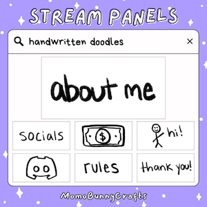 100+ handgeschriebene einfache schwarze Twitch Stream Panels; Über mich, Spenden, Regeln, FAQ, Discord, Youtube, Kick, uwu, owo, Socials, Patreon, Throne