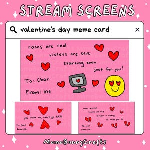 May include: A pink digital artwork with a Valentine's Day meme card design. The card features the text "roses are red, violets are blue" and a computer graphic with a heart on the screen. Red hearts and a smiley face are also included.