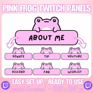 130 Simple Pink Frog Twitch Stream Panels; About Me, Donate, Rules, FAQ, Discord, Youtube, Kick, uwu, owo, Socials, Patreon