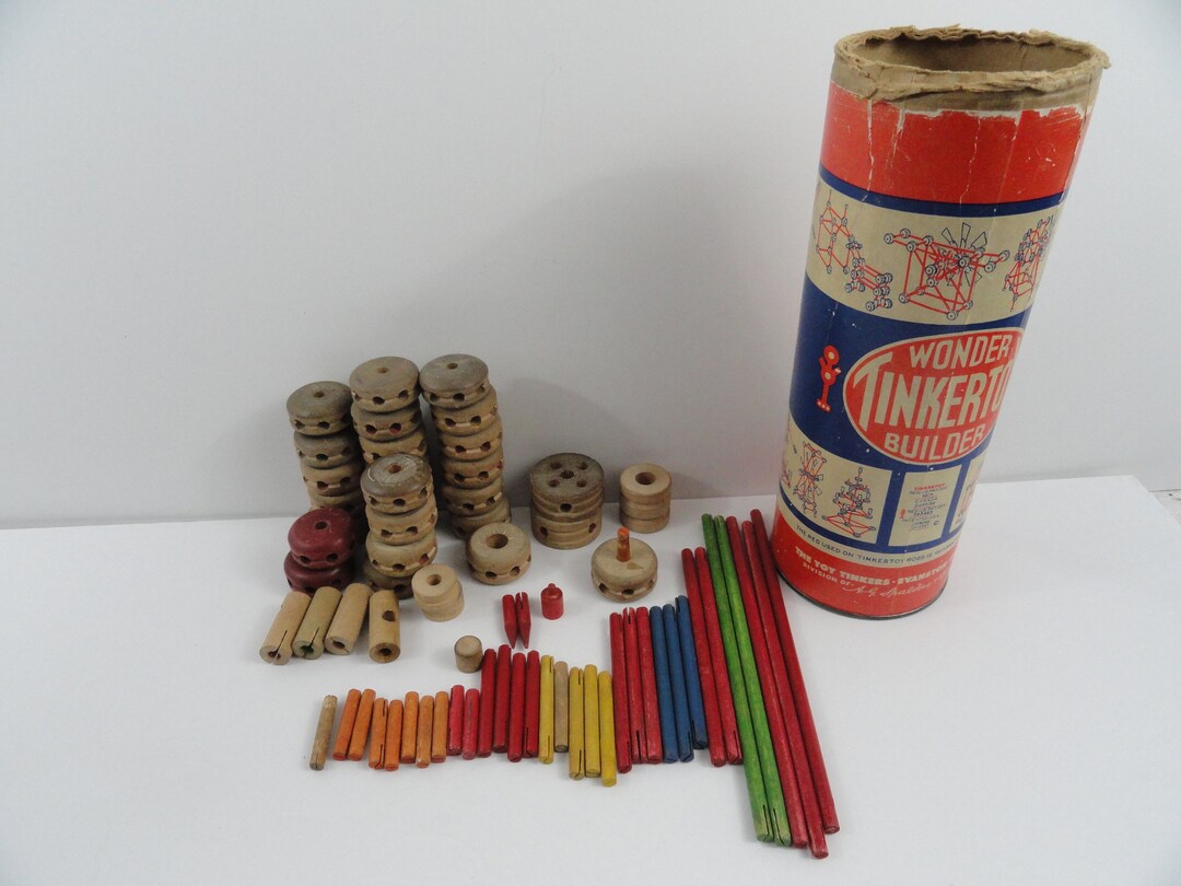 Vintage TINKER TOY Wonder Builder 75 Pc No Lid Wood Rods Etsy