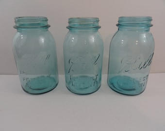 3 Vintage Ball BLUE Quart Perfect Mason Jars #1 6 7 Lot Regular Mouth Crafts Canning Decor