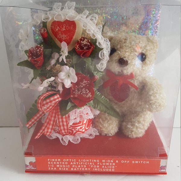 Musical Valentine Bear Fiber Optic Lighted Roses Music plays For Alice Battery