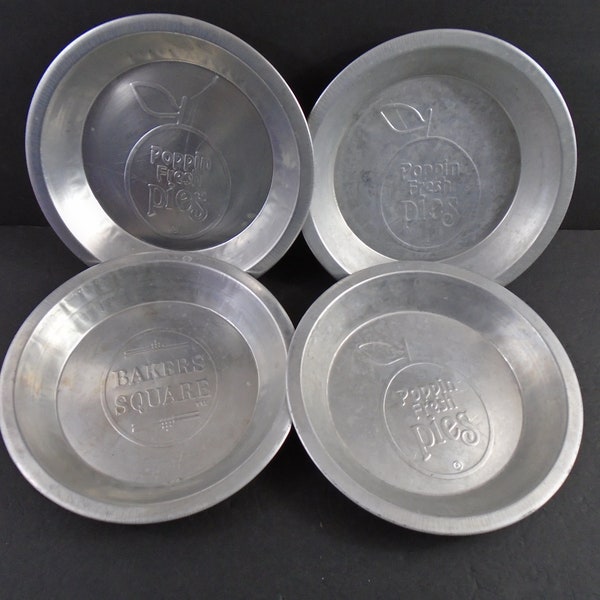 4 Vintage Metal Pie Tin Plate Poppin Fresh Bakers Square 9" Outer 6.5" Base Aluminum Grandmas