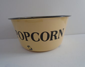 Enamel Popcorn Bowl Beige with Black Trim Vintage Chippy Dents Vintage Farmhouse Decor