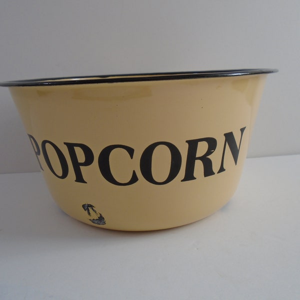 Enamel Popcorn Bowl Beige with Black Trim Vintage Chippy Dents Vintage Farmhouse Decor