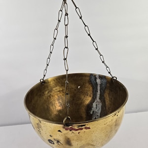 Vintage Hammered Brass Hanging Pot Planter w Chain 10x6" Patina