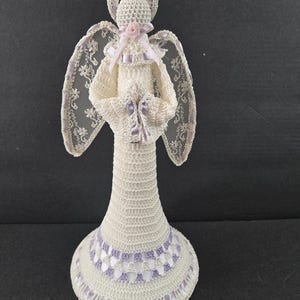 12” Crocheted Lace Angel Decor Figure Foam inside Satin bottom Purple Ribbon
