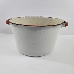 Vintage Enamelware White Enamel Red Trim Pot Kettle NO Lid 5.5 Quart Farmhouse Chippy Grandmas