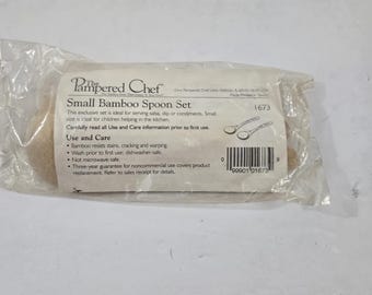 PAMPERED CHEF Small Bamboo 2 Spoon Set 1673 Wood 6" NIP Salsa Dips Condiments