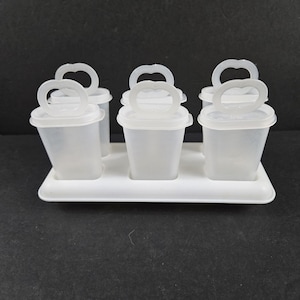 May include: A white plastic ice pop mold set. The set includes six individual molds with handles, each sitting in a rectangular tray. The molds are clear, allowing visibility of the contents. The tray and molds are made of a durable plastic.