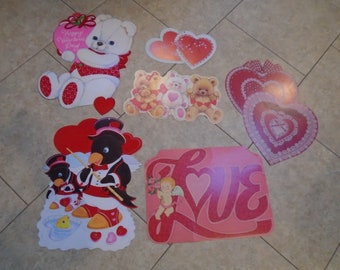 6 Vintage Valentine Die Cut Cardboard Decoration Flocked Teddy Bear Penguin Lot