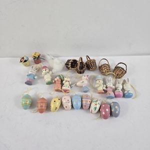26 Wood Easter Ornaments ONLY Bunny Rabbit Eggs Chicks Mini Wicker baskets Hand Painted for Mini Tree
