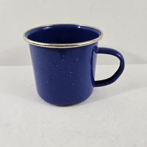 Enamelware Blue white speckled Coffee Cup Mug Camping 3.25 x 3.5&quot; Handle bumpy chippy Silver rim