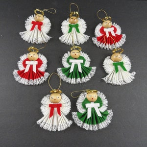 7 Angel Ornaments Fabric Lace Bead Tinsel Halo White Green Red Christmas Holiday Vintage