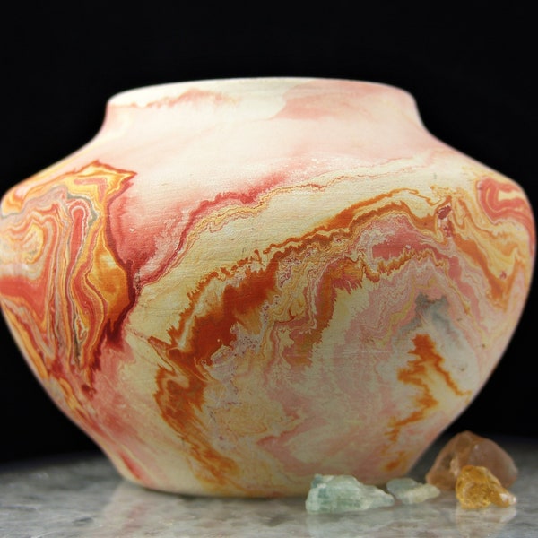 Nemadji Pottery Vase with Red Orange Natural Bohemian Ceramics Sunset Marbled Swirl Decor