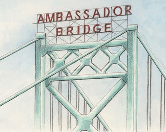 HAND-PAINTED Ambassador Bridge, ORIGINAL Watercolor Painting, Detroit Michigan, Windsor Canada, Architectural Sketch, Pen & Ink Illustration