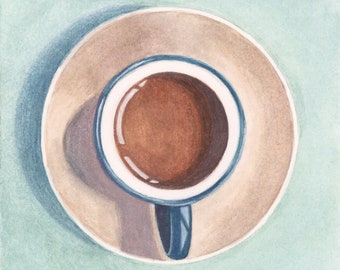 HAND-PAINTED Coffee Cup on Saucer, ORIGINAL Gouache Painting, Cafe Wall Art, Coffee Mug Watercolor, Coffee Lover Gift, Kitchen Wall Decor