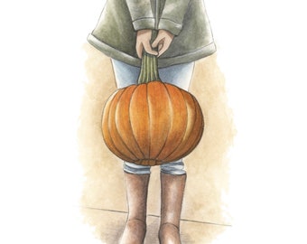 HAND-PAINTED Fall Pumpkin Girl, ORIGINAL Watercolor Painting, Autumn Wall Decor, Gift for Mom, Rustic Home Decor, Fall Illustration, Harvest