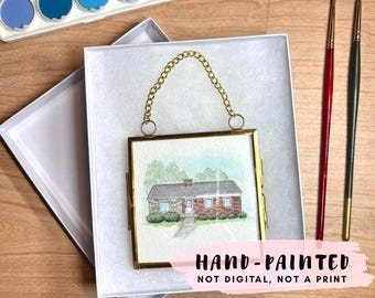 Custom HAND-PAINTED Christmas Ornament, 3x3 Mini Watercolor Painting House Portrait, Housewarming or Our First Home Gift, Holiday Keepsake