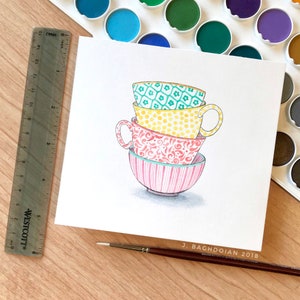 HAND-PAINTED Colorful Coffee Mugs, ORIGINAL Watercolor Painting, Cafe Wall Art, Cup of Tea Illustration, Kitchen Home Decor, Gift for Mom image 2